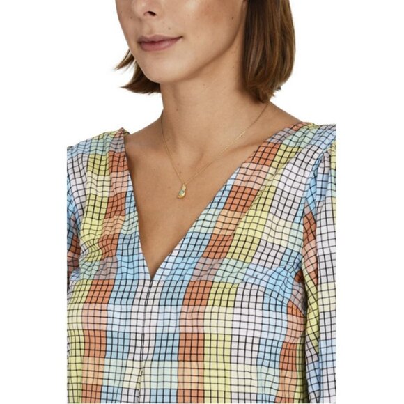 💕GANNI💕 Seersucker Check Dress ~ Midi Tent Plaid Picnic Balloon Sleeve Size 40 - Picture 2 of 16